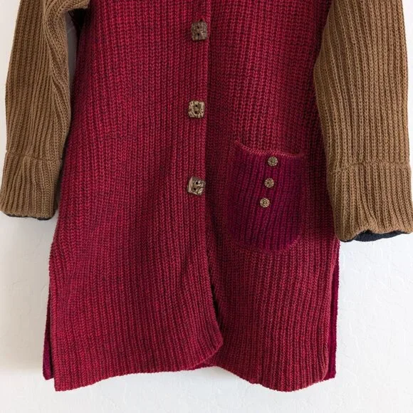 MARGARET WINTERS Cardigan S Red Brown Color Block Longline Button Front Sweater‎ - Picture 2 of 15